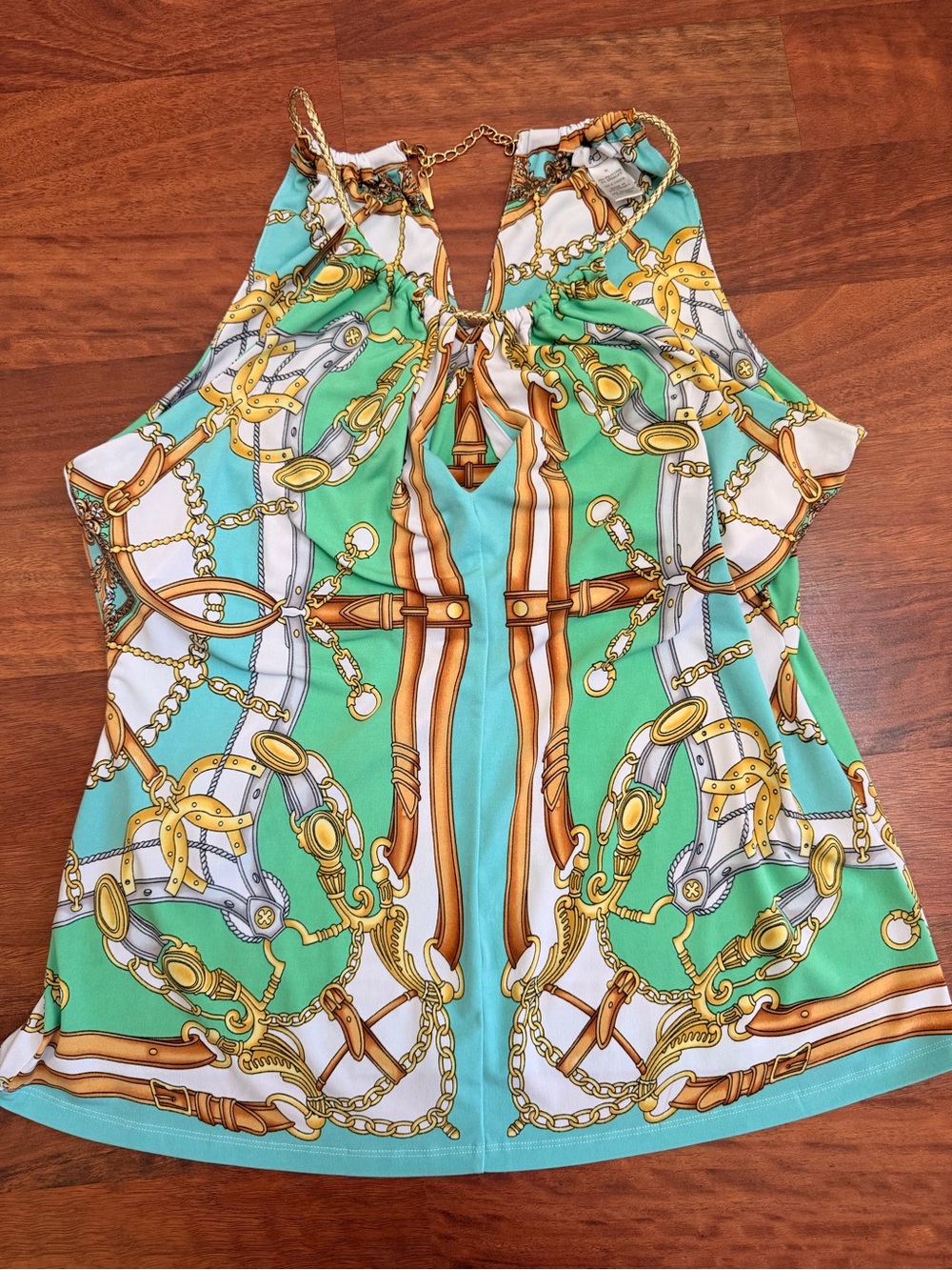 Cache Aqua, Mint & White Halter Camisole with Gold Chain Print XL
